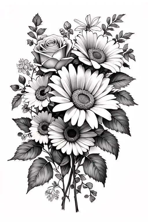 Flower bouquet: 1 rose, 2 violets, 2 daisies, 1 lily, 2 poppies, and 1 chrysanthemum vine on first and middle finger tattoo design idea