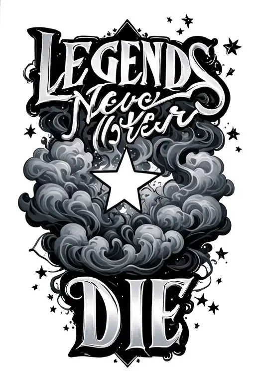 "LEGENDS NEVER DIE" smoke, stars, clouds tattoo design idea