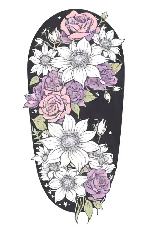 An intricate tattoo of a boquet of roses, daisys, and cosmos flowers tattoo design idea