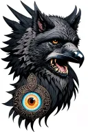 A Valkyrie bust, A raven with Odin's eyeball hanging from his beak, and A Snarling Fenrir wolf. Nordic Runes and celtic  tattoo design idea