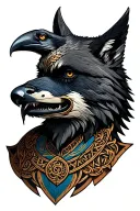 A Valkyrie bust, A raven with Odin's eyeball hanging from his beak, and A Snarling Fenrir wolf. Nordic Runes and celtic  tattoo design idea