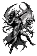 hooded female warrior defeating demon tattoo design idea