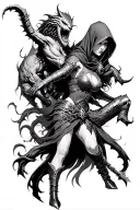 hooded female warrior defeating demon tattoo design idea