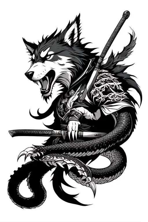 a chimera, wolf's head, samurai's body without a helmet, a large katana, claws on its hands, a snake's tail surrounding tattoo design idea