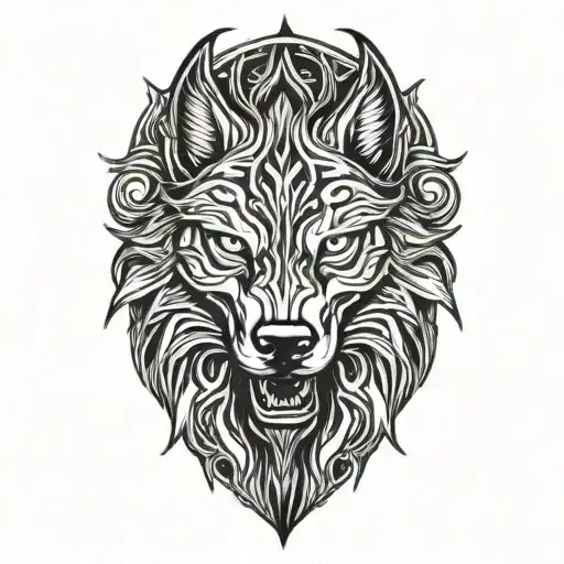 fenrir head, nordic runes, lines around it tattoo design idea