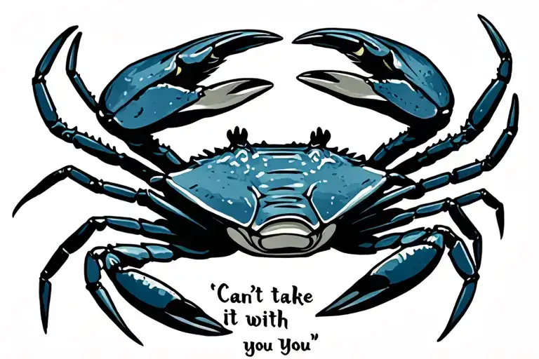 "Can’t take it with you" blue crab tattoo design idea