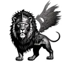 lion with gladiator helmet protecting his tribe. realistic  tattoo design idea