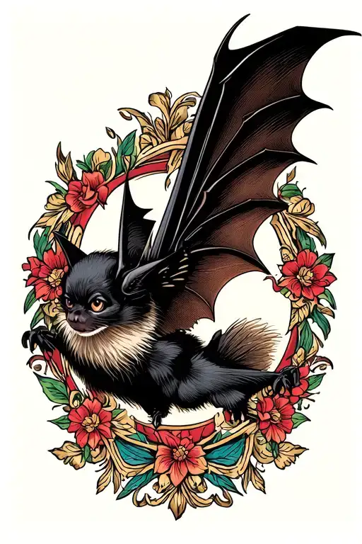 flying traditional style bat flying right tattoo design idea