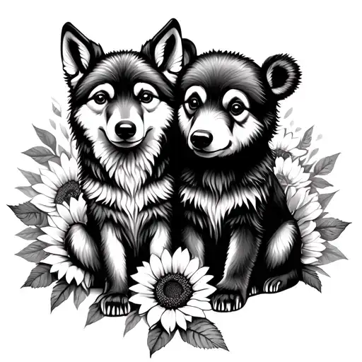 baby wolf and baby bear sitting with sunflowers and roses  tattoo design idea