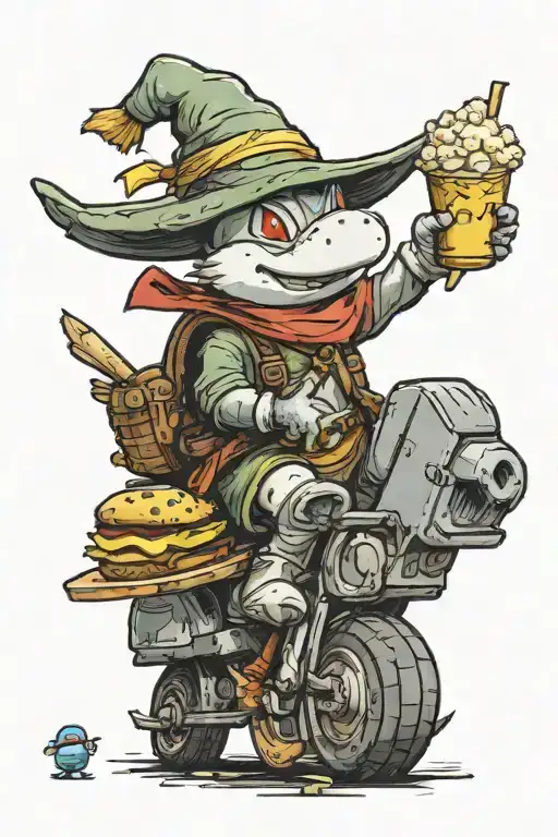 moogle riding a chocobo, link, ninja turtles eating pizza , cartman, video games, popcorn tattoo design idea