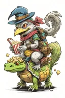 moogle riding a chocobo, link, ninja turtles eating pizza , cartman, video games, popcorn tattoo design idea