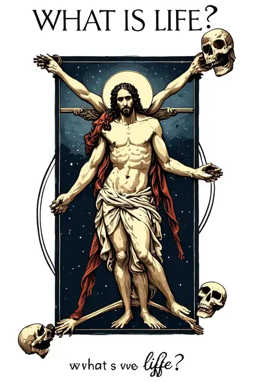 Create a tattoo idea of da Vinci's vitruvian man and a skull with the quote "what is life?" tattoo design idea