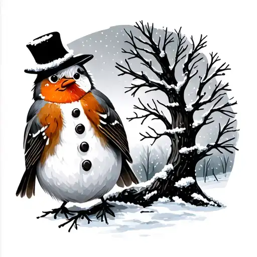 robin bird, frosty tree with a snowman  tattoo design idea
