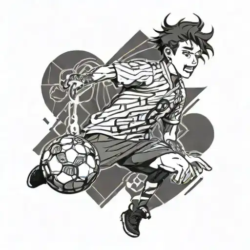 A tattoo combining elements of Japanese anime and FC Barcelona, such as a soccer player in anime style wearing the team's jersey tattoo design idea