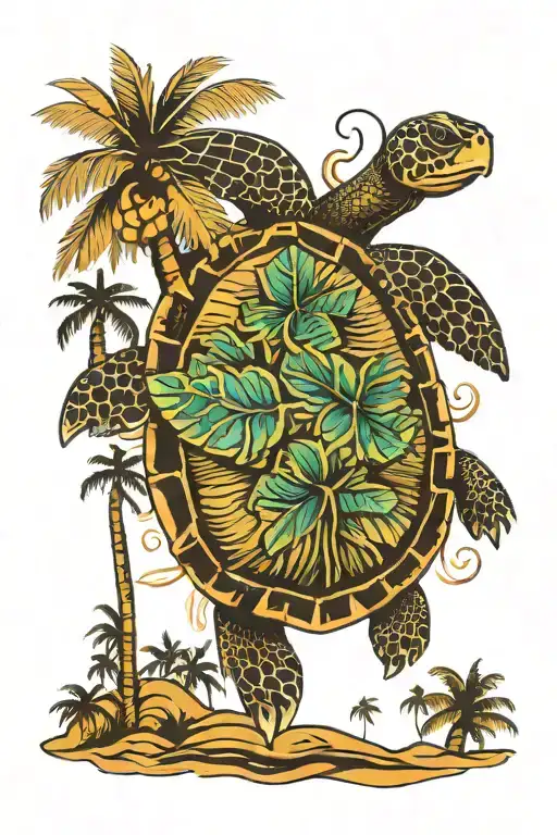 turtle and palm trees tattoo design idea