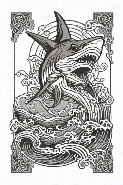 hammerhead shark front view vertical with Japanese wave background  tattoo design idea