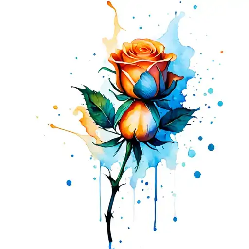 orange rose with splashes of blue. 8K rendered   tattoo design idea