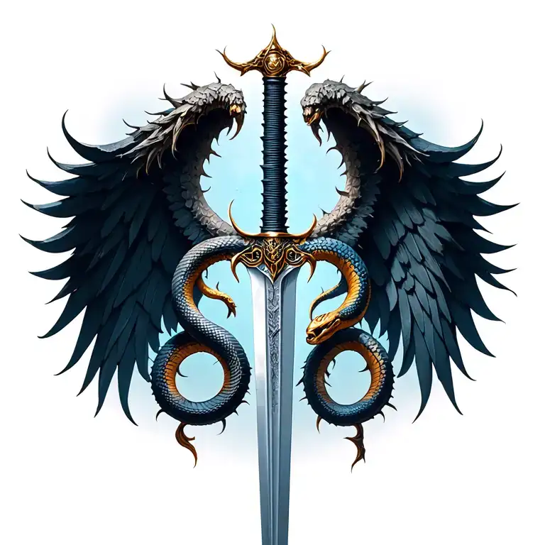 A sword made of thorns going vertically down the spine. wings spreading from the handle of the sword outwards, snakes   tattoo design idea