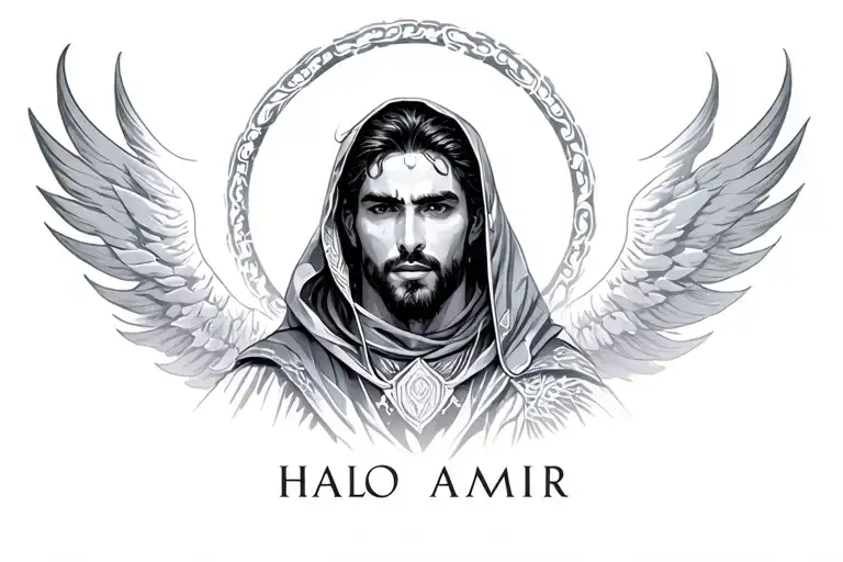 the name Halo Amir with a real halo included  tattoo design idea