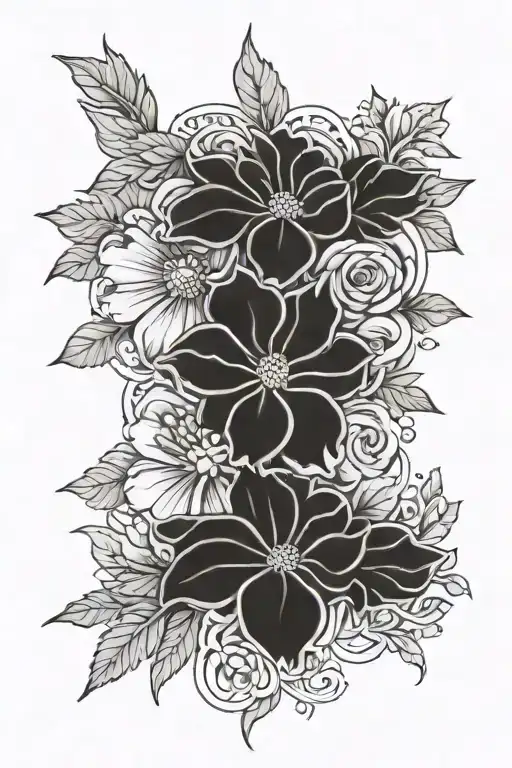 flor de Maga, marigold and asther flowers intertwined tattoo design idea