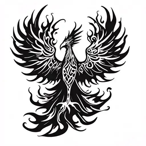 A phoenix rising from flames, with the words 'passion' and 'love' subtly incorporated into the design tattoo design idea