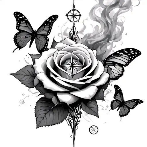 Rose, 2 butterflies flying, a compass as the rose center pointing West, with smoke rising  tattoo design idea