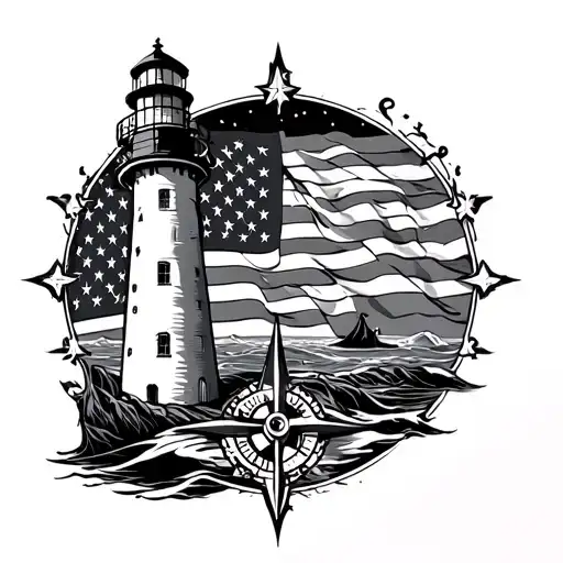Lighthouse And Anchor and compass rose and American flag tattoo design idea