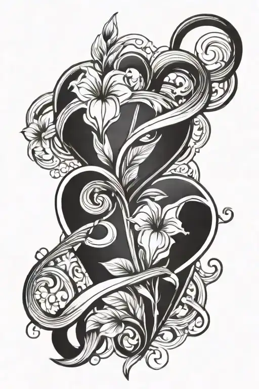 heart intertwined with calalily and infinity symbol tattoo design idea