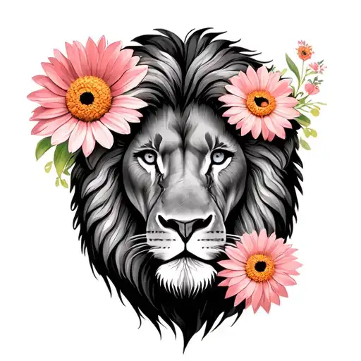 Lion and pink and calendula tattoo design idea