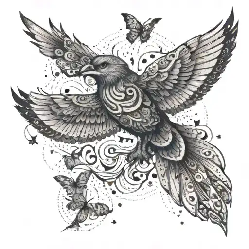 A free spirit soaring through the sky with wings made of intricate patterns of birds and butterflies tattoo design idea