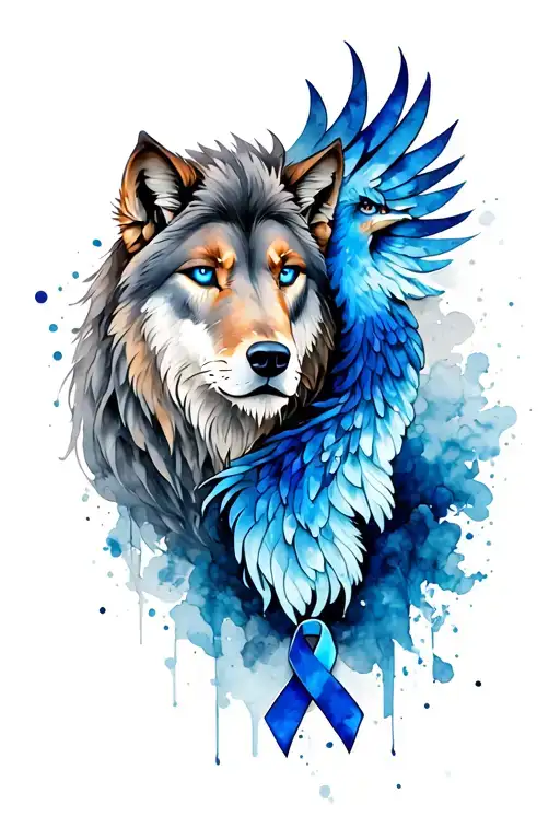 A shoulder tattoo of a blue phoenix, a wolf with blue eyes, a lion with blue eyes and a black cancer ribbon tattoo design idea