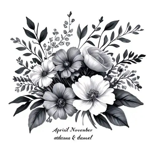 April and November birth flower bouquet with names Adriana and daniel tattoo design idea
