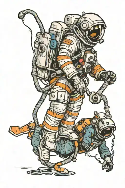 an astronaut reaching up connected by an oxygen tube to a scuba diver trying to swim deep below them tattoo design idea