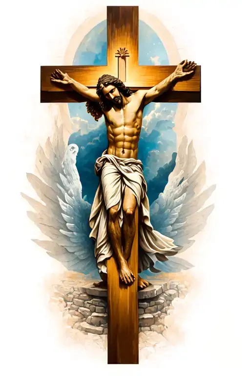 Calf sleeve tattoo featuring elements of christianity such as cross, Jesus Christ, empty tomb,Holy Spirit,Holy Father... tattoo design idea