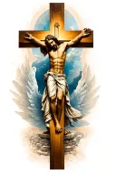 Calf sleeve tattoo featuring elements of christianity such as cross, Jesus Christ, empty tomb,Holy Spirit,Holy Father... tattoo design idea