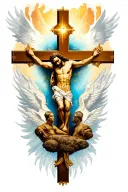 Calf sleeve tattoo featuring elements of christianity such as cross, Jesus Christ, empty tomb,Holy Spirit,Holy Father... tattoo design idea