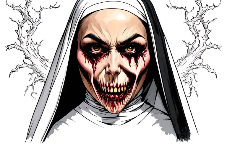 Spooky evil nun face tattoo design idea