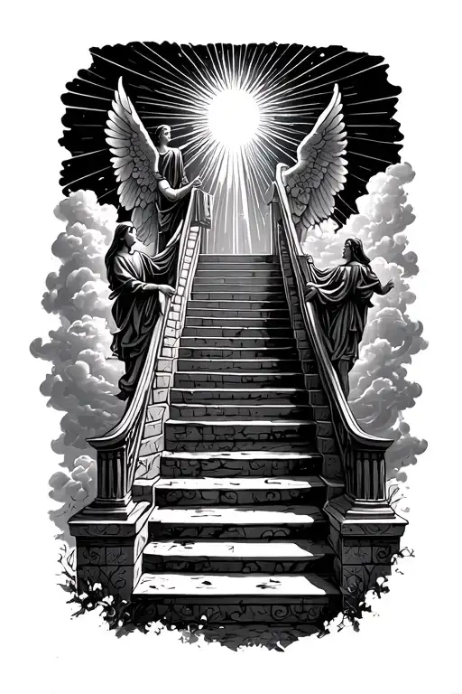 stairway to heaven walking up stairs angels sun rays clouds heaven gate at the top of the stairs  tattoo design idea