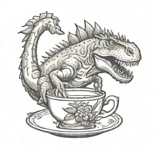 Tyrannosaurus rex holding a china tea cup with thistles painted on it.  tattoo design idea