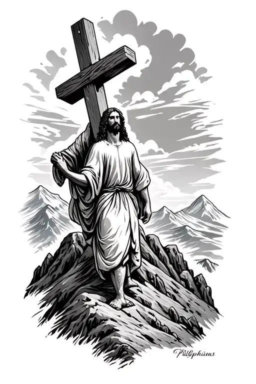 Philippians 4 13 Jesus carrying a cross on his back up a mountain tattoo design idea
