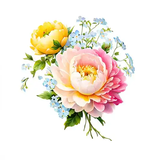 yellow peony flower, pink Hawthorne flower and white forget-me-not flowers in a dainty wrap style  tattoo design idea