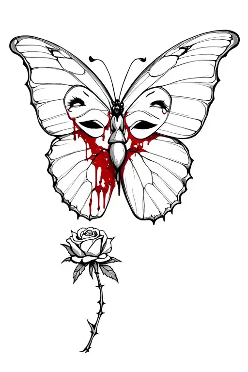 a butterfly with sad/happy mask in the wing with a bleeding rose with thorns tattoo design idea