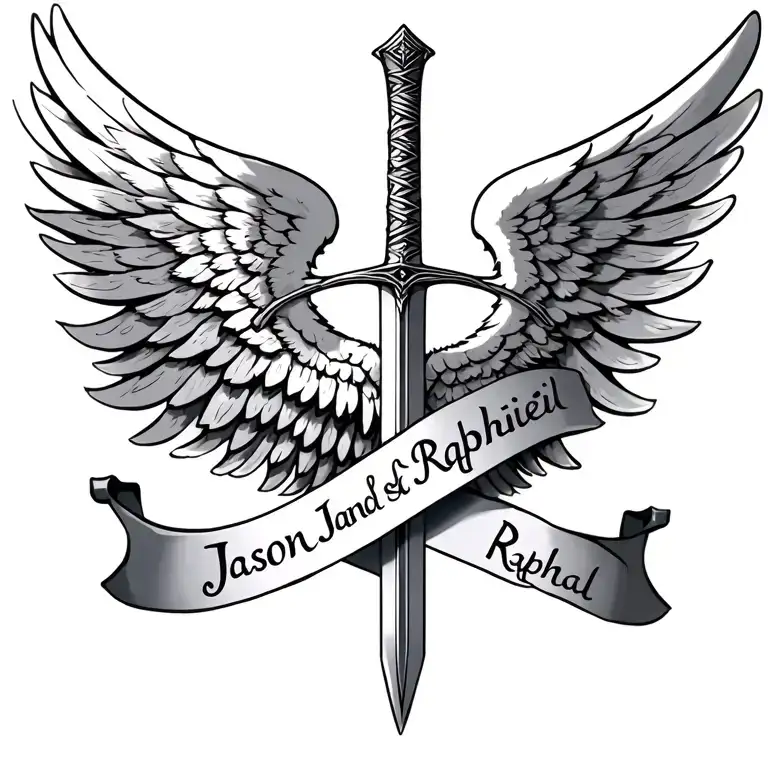 angel wing and sword, names Jason Raphaël tattoo design idea