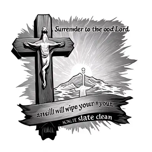cross and baptism with the words surrender to the good lord and he will wipe your slate clean  tattoo design idea