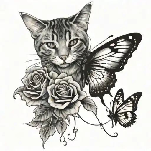 rip mom, roses, barb wire, butterfly, cat looking up tattoo design idea