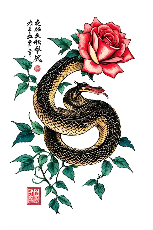 snake and rose intertwined tattoo design idea