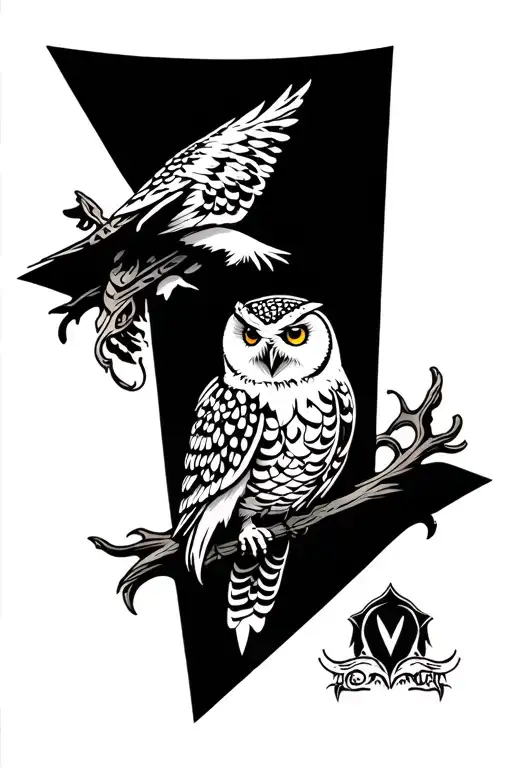 snowy owl, Viking theme sleeve tattoo design idea