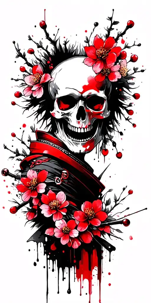 Samurai Skull surrounded by Cherry Blossoms tattoo design idea
