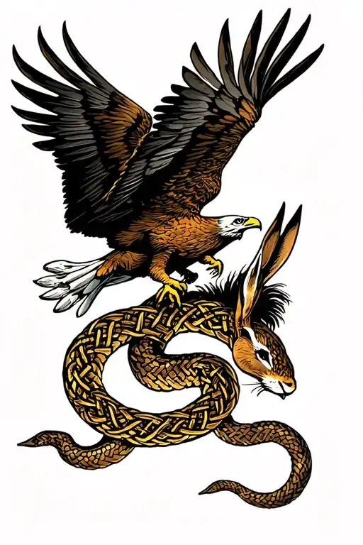 depicts an eagle fighting a snake, include a hare and tradtional celtic knot work tattoo design idea