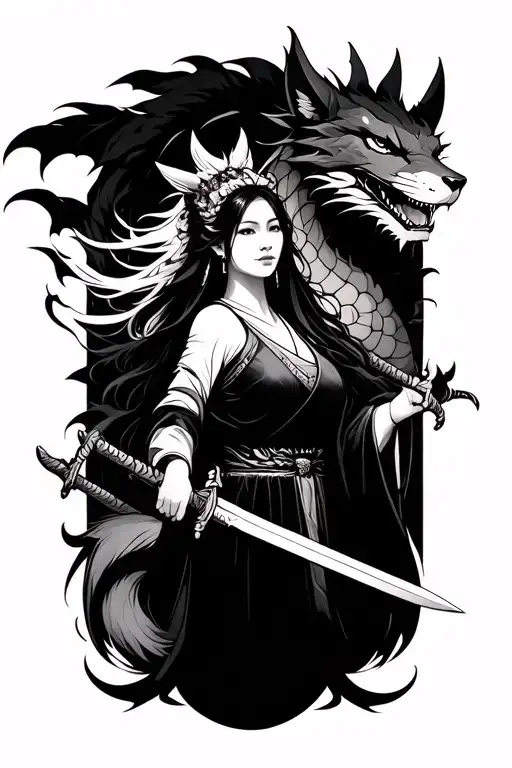 make a tattoo with japanese woman holding sword, above her a dragon, under her a kitsune fox spirit with multiple tails tattoo design idea